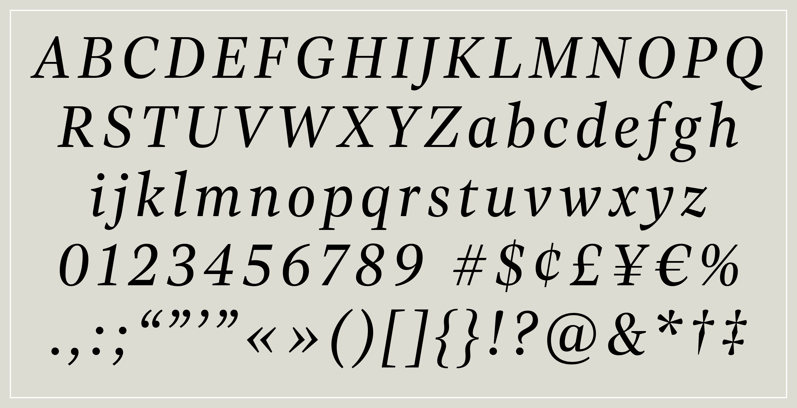 Haffner Display Italic showing of basic alphabet, figures, and punctuation